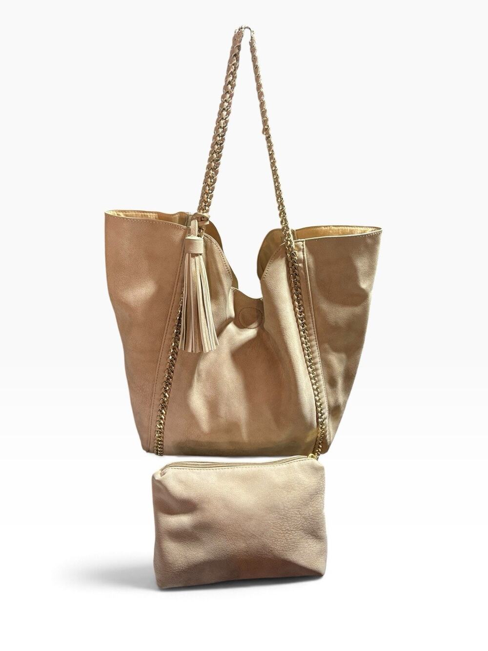 Beige Slouch Tote + Charming Charlie Pouch Set Chain Strap Tassel Nude